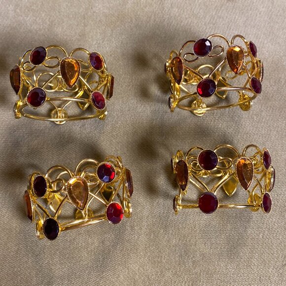 Jeweled Gold Holiday Napkin Rings Set of 4 – Red & Amber Gem Accents - Picture 1 of 10